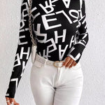 Long Sleeves Skinny Letter Print Split-Joint Mock Neck T-Shirts Tops