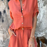 Linen Blend Solid Color Button Lapel Short Sleeve Shirt and Casual Pocket Shorts Set