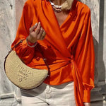 Satin Solid Color V-neck Tie Up Long Sleeve Loose Shirt