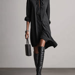 Women's Black Satin Shirt Dress With Tie-Neck Detail & Asymmetric Hem, Timeless Sleek-Casual Style Dress