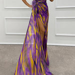 Margovil Strapless Rose Detail High Slit Printed Chiffon Maxi Dress