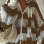 Margovil Lantern Sleeves Button Down Color Block Stripes Sweater with Scarf