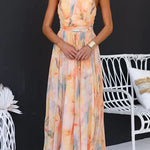 Halter Neck Open Back Waisted Watercolor Print Maxi Dress