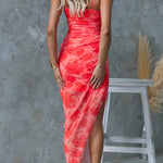 Margovil Twist Front Side Slit Mesh Overlay Printed Maxi Cami Dress