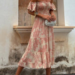 Off Shoulder Smocked Ruffle Tiered Printed Midi Dress