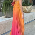 Spaghetti Strap Back Lace-up Gradient Pleated Maxi Dress