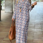Unique Printed Long Sleeve V-neck Loose Maxi Dress