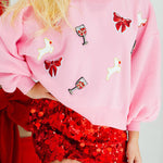 Christmas Bow Wine Glass Sequin Loose Long Sleeve Sweatshirt