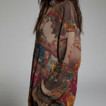 Bohemian-style Printed Blouse With A Front Zipper And Lace Trim