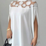 Batwing Sleeves Half Sleeves Polka-Dot See-Through Solid Color Split-Joint Stand Collar Blouses&shirts Tops