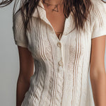 Quiet Luxury Ivory Cable Knit Short Sleeve Polo Mini Dress