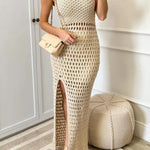 Smiles and Sunshine Knit Texture Hollow Tank Slit Stretch Maxi Dress