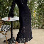 Luxe Lifestyle Lace Square Neck Bell Sleeve Lined Slit Midi Dress