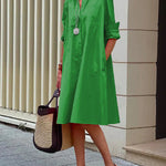 Simple Long Sleeves Solid Color Lapel Midi Dress
