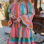 Friendly Shores Linen Blend Ethnic Print Off Shoulder Loose Mini Dress
