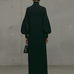 Women's Modern Black Turtleneck Puff-Sleeve Sweatshirt Maxi Dress