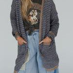 Fashion Contrast Striped Loose Long-sleeved Mid-length Knitted Cardigan