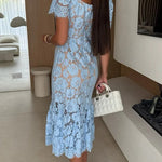 Jodie Flower Lace Sweet Heart Neck Short Sleeve Fishtail Midi Dress