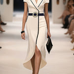 Bodycon High-Low Belted Pleated Solid Color Notched Collar Maxi Dresses