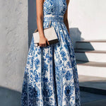 A-Line Loose Flower Print Split-Joint Lapel Maxi Dresses