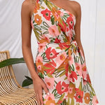 One Shoulder Wrapped Tie Waist Floral Printed Mini Dress