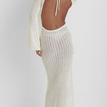 Margovil V Neck Long Sleeves Backless Crochet Hollow Out Knit Maxi Dress