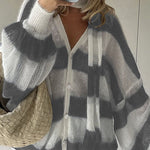 Margovil Lantern Sleeves Button Down Color Block Stripes Sweater with Scarf