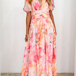 V Neck Puff Sleeves Ruched Waist Printed Maxi Dress