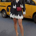 Margovil Single Button Striped Lace Trim Crop Blazer