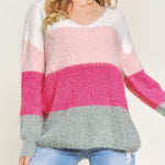 Striped Colorblock V Neck Knitted Fuzzy Sweater