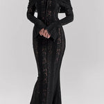 Floral Lace Off Shoulder Flare Sleeve Fishtail Maxi Dresses-White