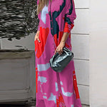 Loose Wrap Buttoned Contrast Color Pockets Printed Split-Side Shirt Dress