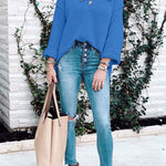 Buttons V Neck Side Split Waffle Knit Sweater