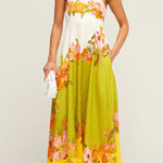 Linen Blend Contrast Floral Print back smocked Pocket Maxi Dress