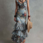 Boho-Vintage Elegant Painterly Floral Chiffon Ruffle Maxi Dress