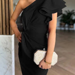 Saona One Shoulder Tiered Ruffle Sleeve Twist Asymmetrical Slit Gown Maxi Dress