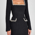 Girly and Glamorous Tweed Fabric Pearl Trim Long Slit Sleeve Pocketed Mini Dress