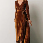Chestnut Ribbed Velvet Wrap Long Sleeve Maxi Dress