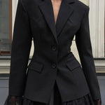 Solid Color Lace Panel Long Sleeve Button Elegant Blazer
