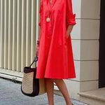 Simple Long Sleeves Solid Color Lapel Midi Dress