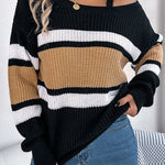 Striped Contrasting Metal Buckle Loose Long-sleeved Knitted Sweater