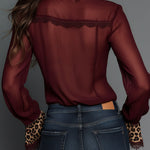 Retro Leopard Print Chiffon Fitted Blouse With Lace Trim