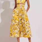 Boho Halter Yellow Botanical Print A-Line Cutout Midi Dress With Pockets