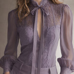 Retro Elegant Lace Stand-up Collar Tie Neck Chiffon Blouse