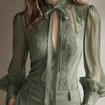Retro Elegant Lace Stand-up Collar Tie Neck Chiffon Blouse