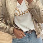 Pale Khaki Metallic Zip up Baseball Jacket