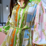 Garden Party Satin Unique Print Balloon Sleeve Belted Shirt Maxi Dress