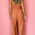 Orange Solid Color Spaghetti Straps Wide Leg Jumpsuit