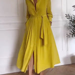 A-Line Long Sleeves Buttoned Pleated Pockets Solid Color Tied Waist V-Neck Maxi Dresses