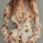 Vintage Floral Chiffon Ruffle Blouse